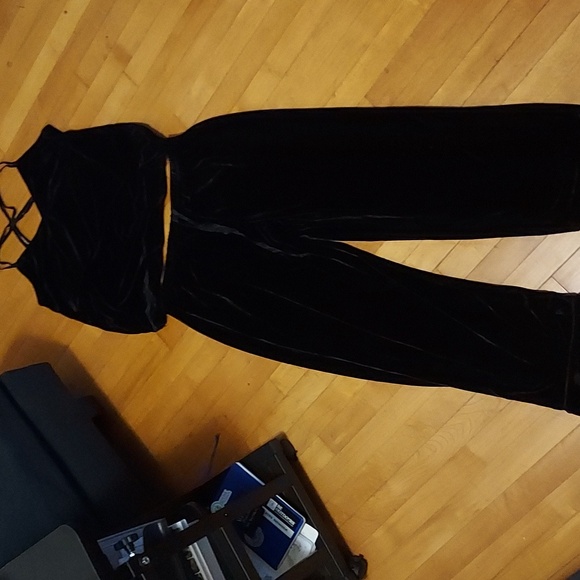 pajamagram Other - Black stretchy velvet pajama set wide leg pants & camisole elastic waist sz med